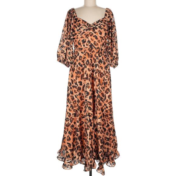 Hutch Animal Print Twist-Front Puff-Sleeve Ruffle-Hem Dress Medium New - Picture 1 of 10